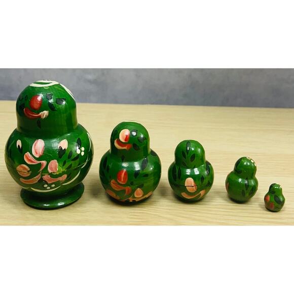 Russian Nesting Matryoshka Dolls 5 Set Hand Painted Green Pink Floral Stacking - Picture 3 of 5